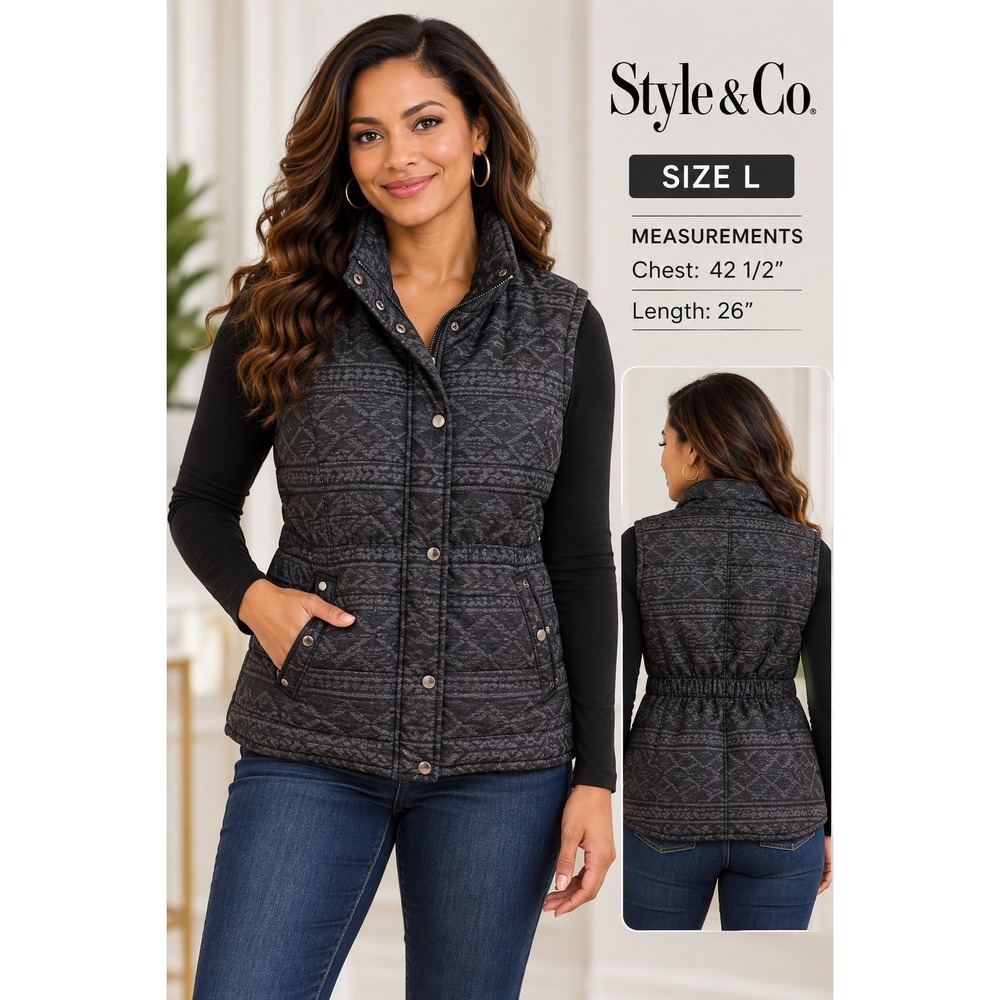 Style & Co Women Size L Black Gray Patterned Quilted Puffer Vest Snap Zip Front